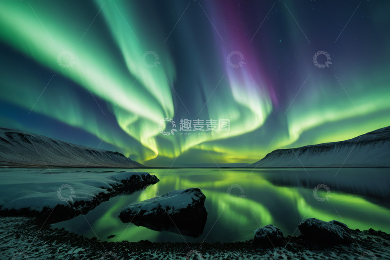 高清大图下载【趣麦麦图】冰岛极光下的湖景风光