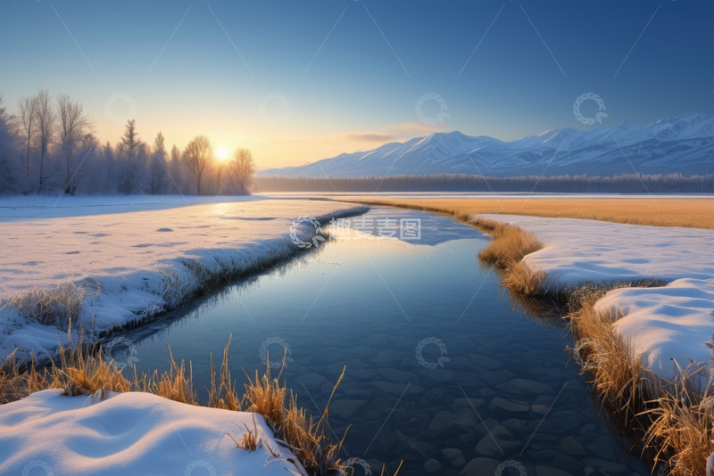 高清大图下载【趣麦麦图】冬日雪覆山河日出景观