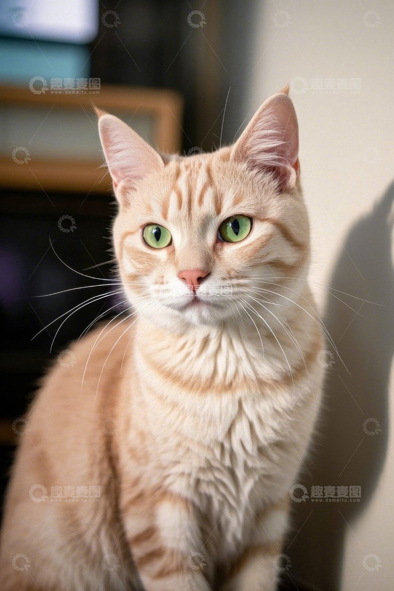 高清大图下载【趣麦麦图】绿眼浅色条纹猫咪特写