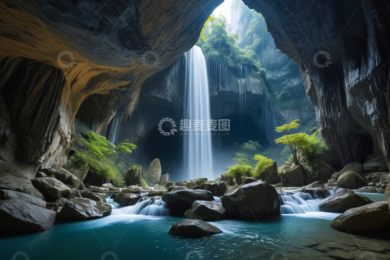 高清大图下载【趣麦麦图】山洞内的瀑布自然景观