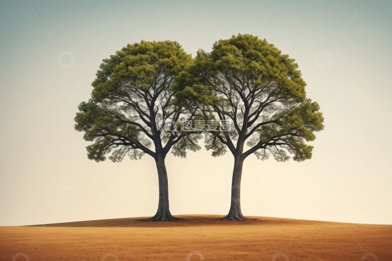 高清大图下载【趣麦麦图】两棵树木立于空旷之地