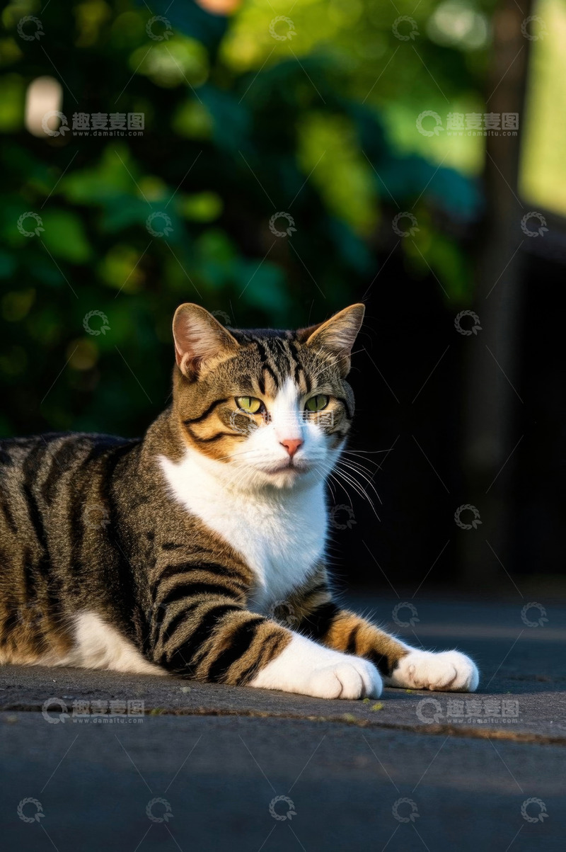高清大图下载【趣麦麦图】户外趴着的斑纹猫咪