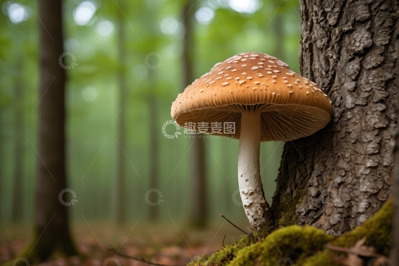 高清大图下载【趣麦麦图】森林中树干旁的蘑菇特写