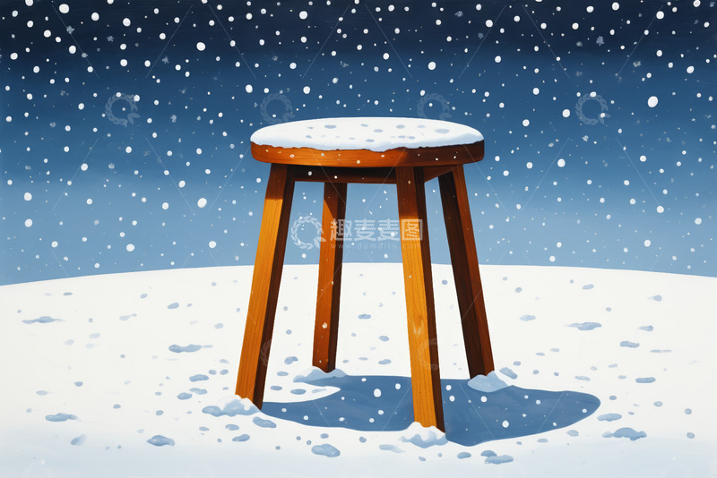 高清大图下载【趣麦麦图】雪地中的木质圆凳