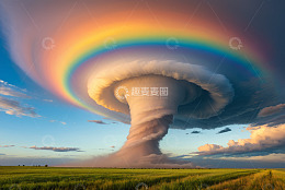 田野上空的龙卷风与彩虹景象