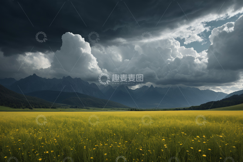 高清大图下载【趣麦麦图】草原花海与远山乌云景观