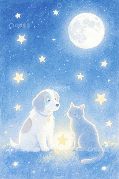 月夜下的猫狗动画场景