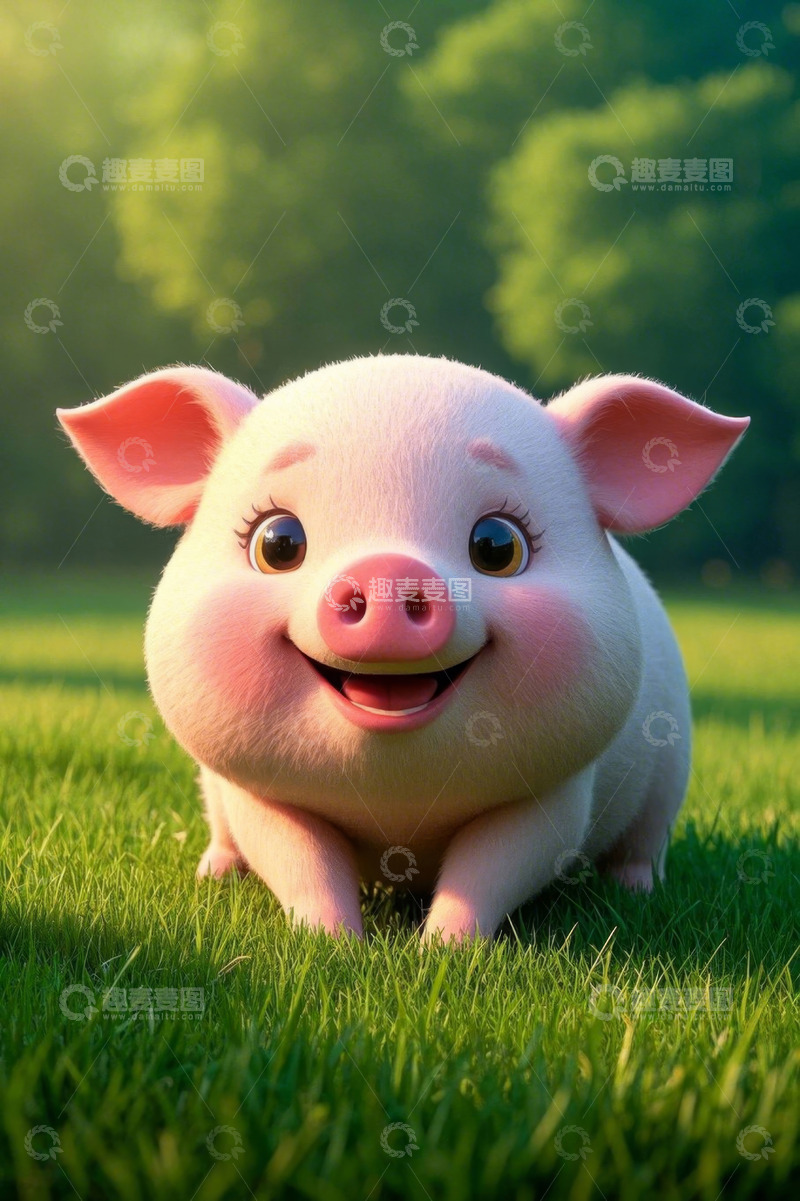 高清大图下载【趣麦麦图】草地上的卡通小猪形象
