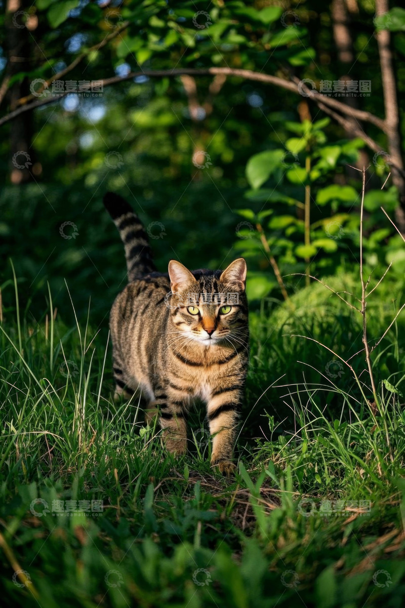 高清大图下载【趣麦麦图】户外草丛中的斑纹猫