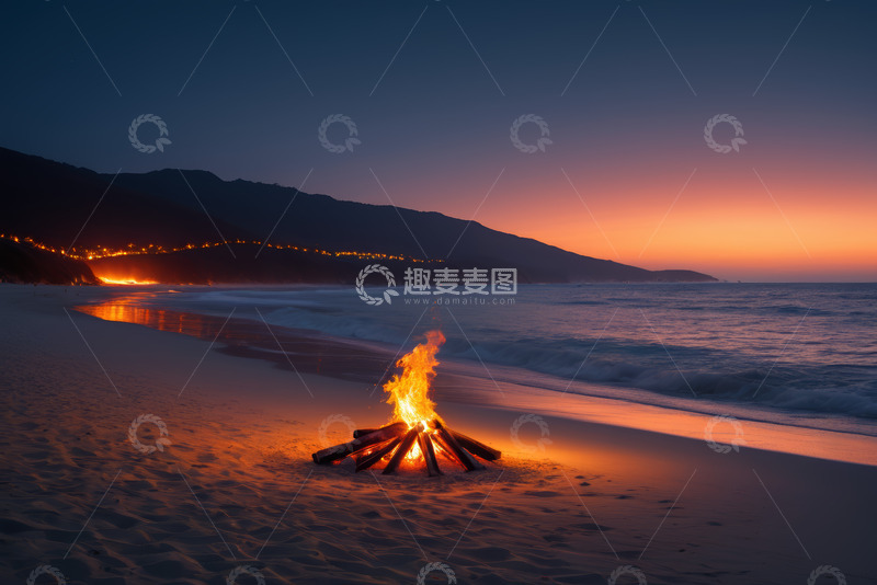 高清大图下载【趣麦麦图】海滩篝火与黄昏海景