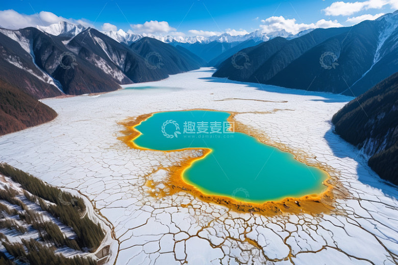 雪山环绕的湖泊航拍景象