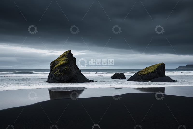 高清大图下载【趣麦麦图】海边乌云下的礁石景观