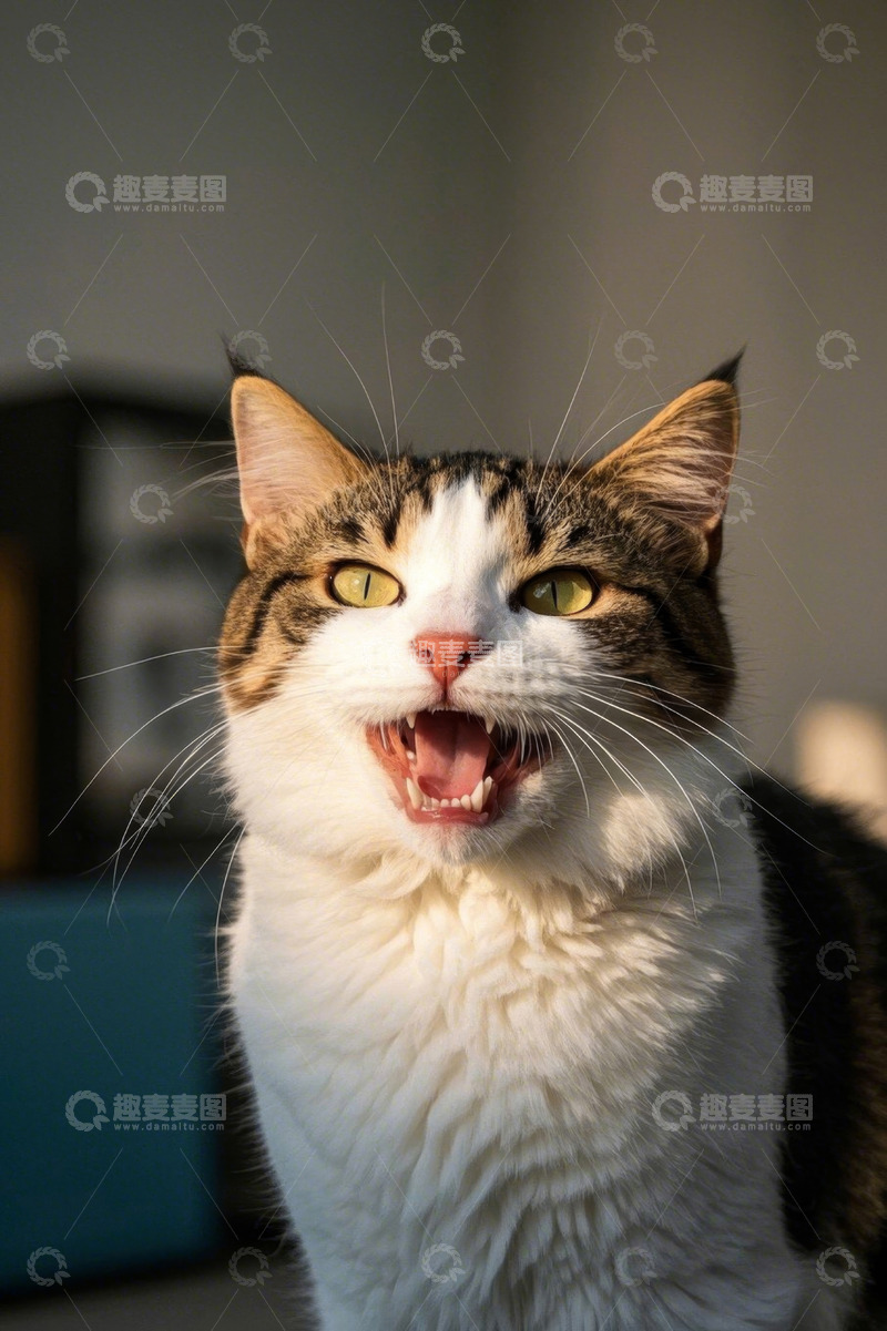 高清大图下载【趣麦麦图】张嘴露齿的三色宠物猫特写