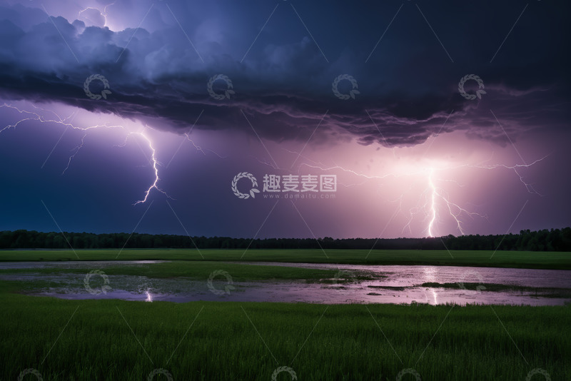 高清大图下载【趣麦麦图】草原上空雷电交加的自然景象
