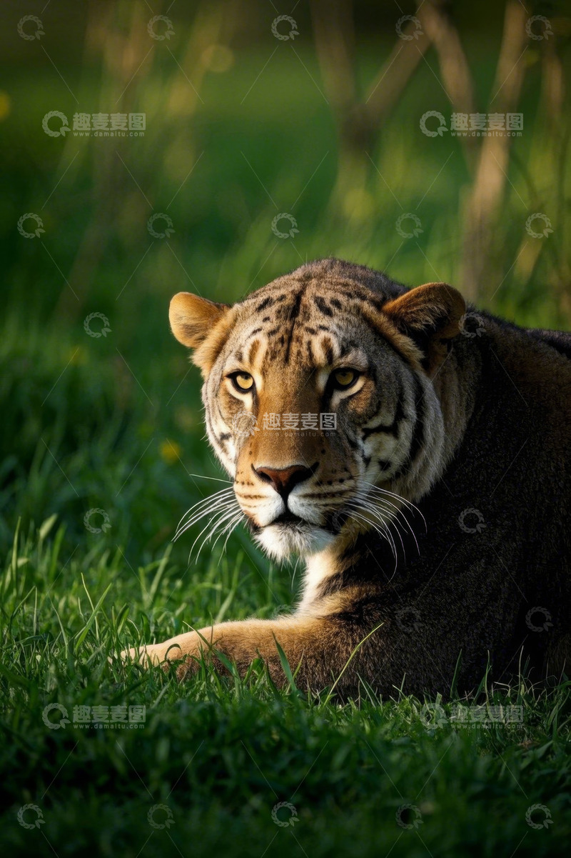 高清大图下载【趣麦麦图】草地上休憩的老虎特写
