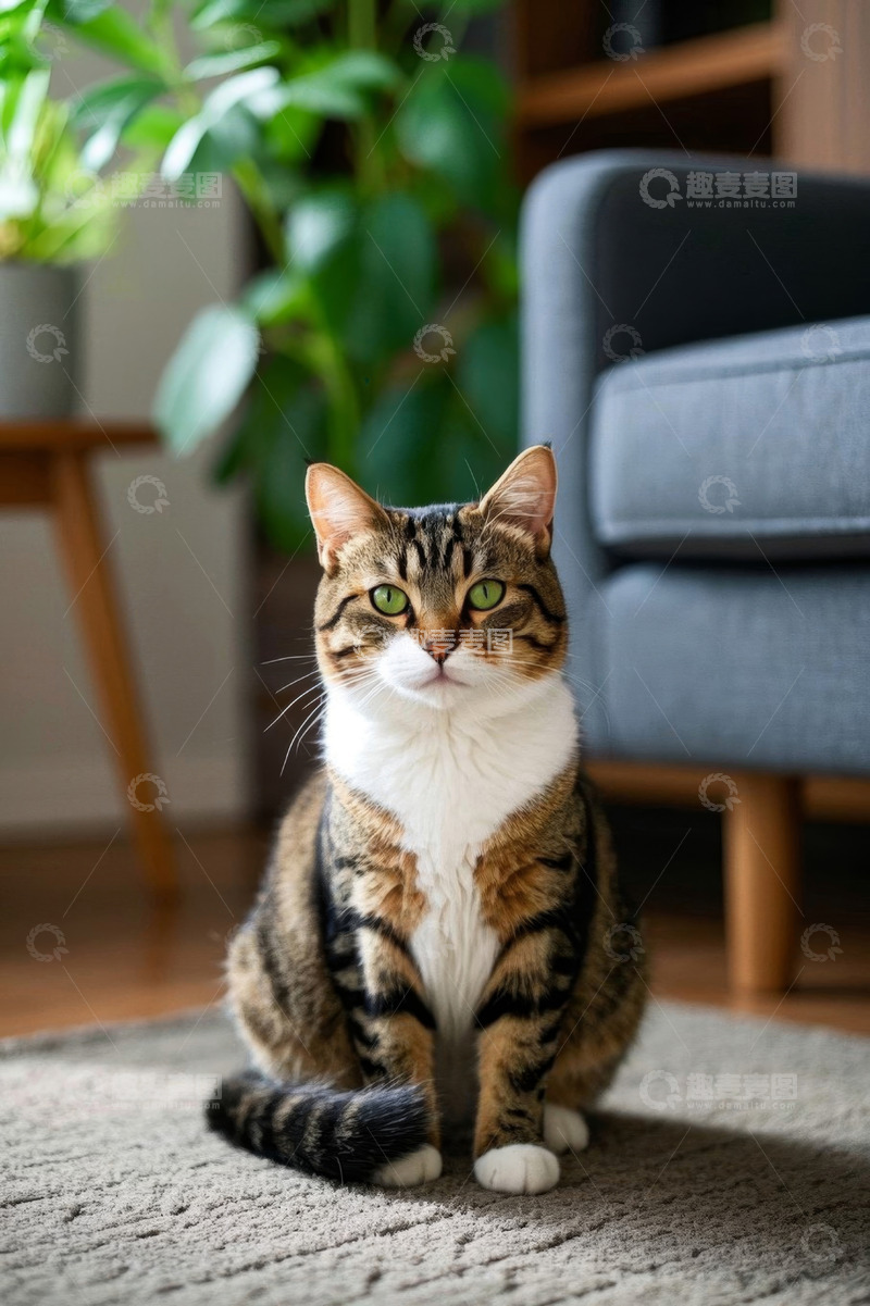 高清大图下载【趣麦麦图】室内坐着的三色花纹宠物猫