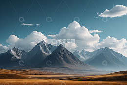 蓝天白云下的山脉与荒原景观