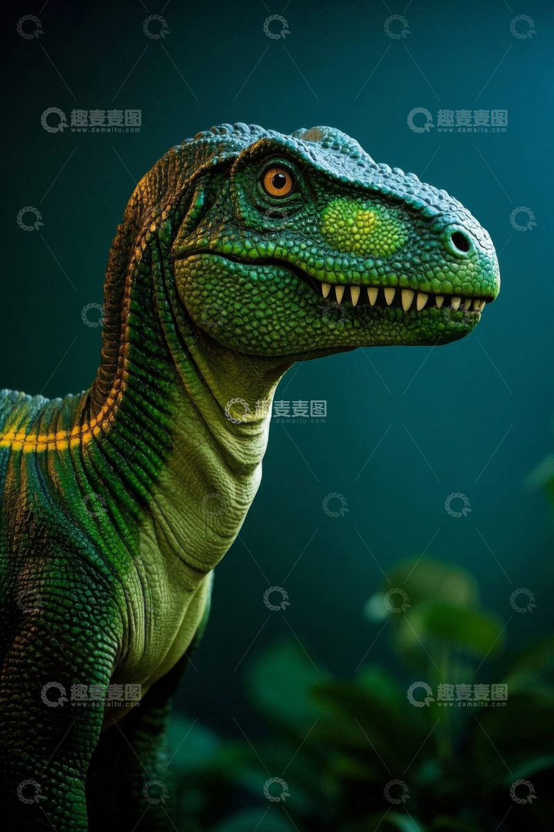 高清大图下载【趣麦麦图】绿色恐龙侧面特写素材
