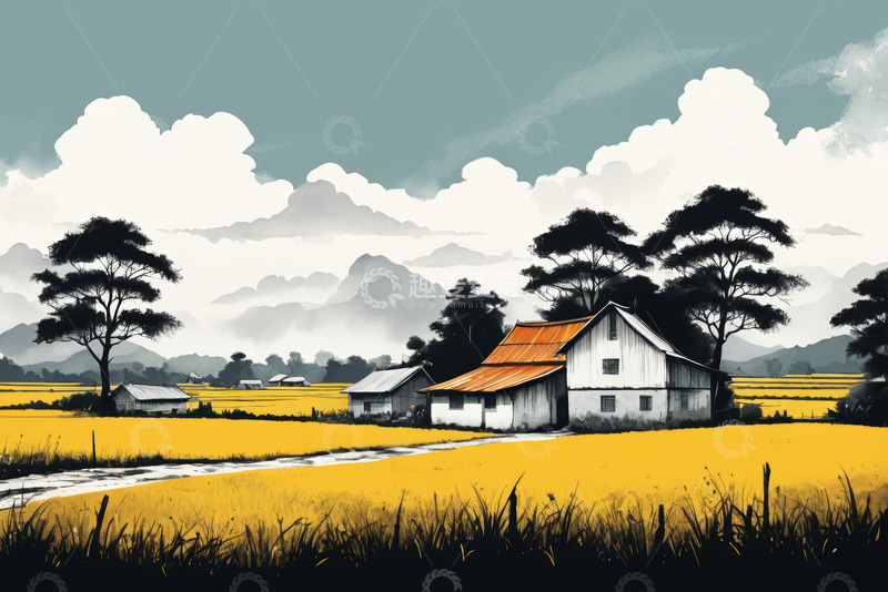 高清大图下载【趣麦麦图】乡村田野间的农舍风景