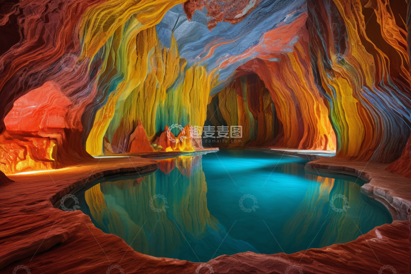 高清大图下载【趣麦麦图】彩色岩石洞穴内的静谧水池