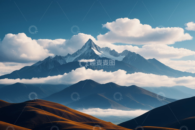 高清大图下载【趣麦麦图】蓝天白云下的壮丽山脉景观