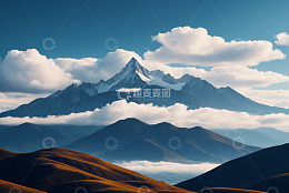 蓝天白云下的壮丽山脉景观