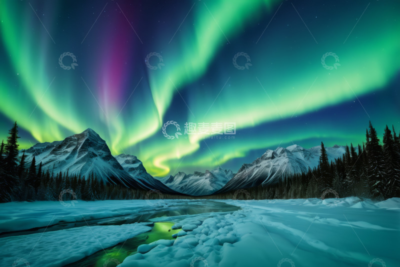 高清大图下载【趣麦麦图】雪山森林上空的绚烂极光