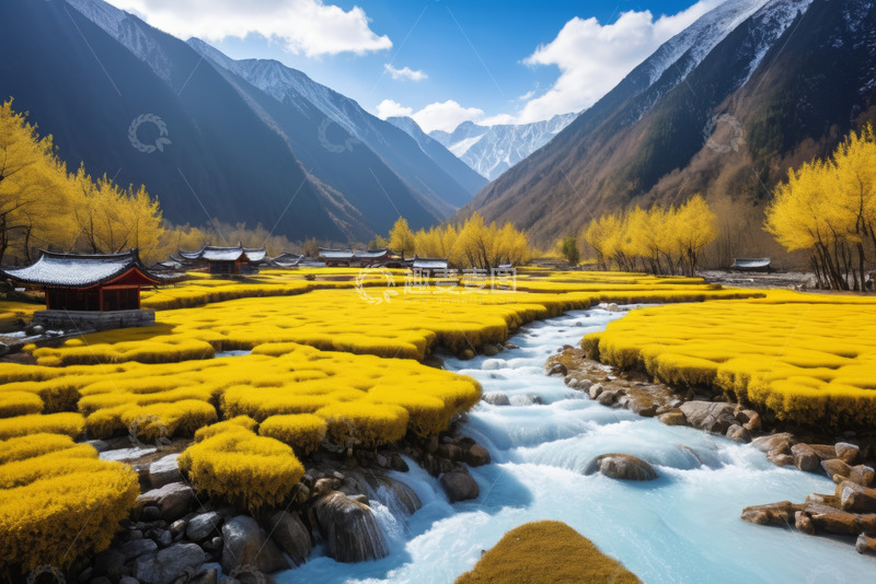 高清大图下载【趣麦麦图】山谷间金黄田野与溪流风景