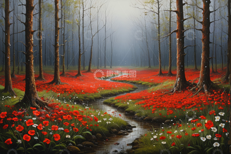 高清大图下载【趣麦麦图】雾中森林小溪与红色花海景观