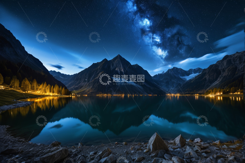 高清大图下载【趣麦麦图】山间湖泊夜空繁星美景