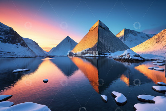 雪山湖泊旁的金字塔建筑景观