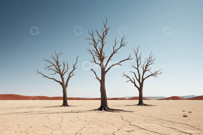高清大图下载【趣麦麦图】沙漠中三棵枯树立于干裂土地
