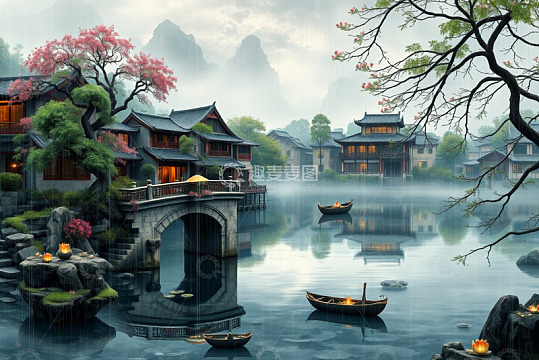 古风江南水乡雨中景致