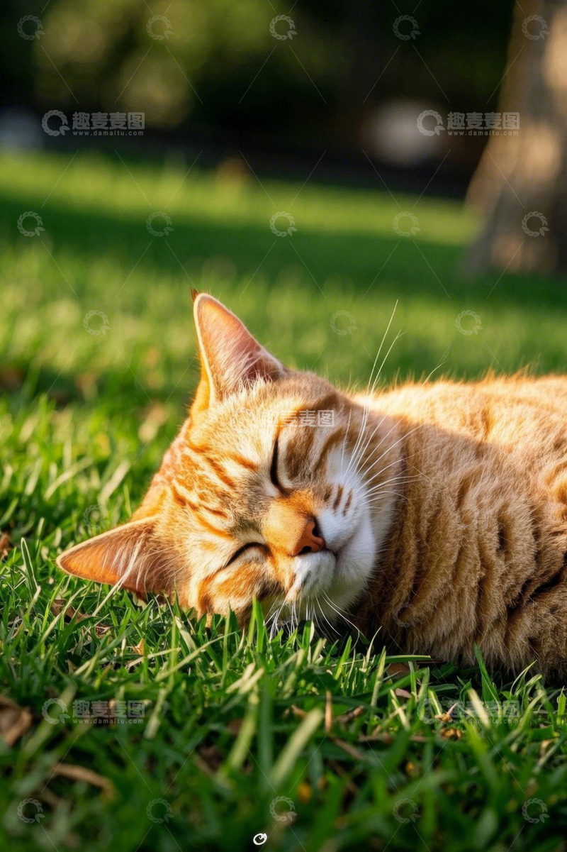高清大图下载【趣麦麦图】草地休憩的橘色猫咪
