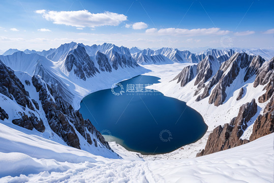 雪山环绕的蓝色湖泊景观