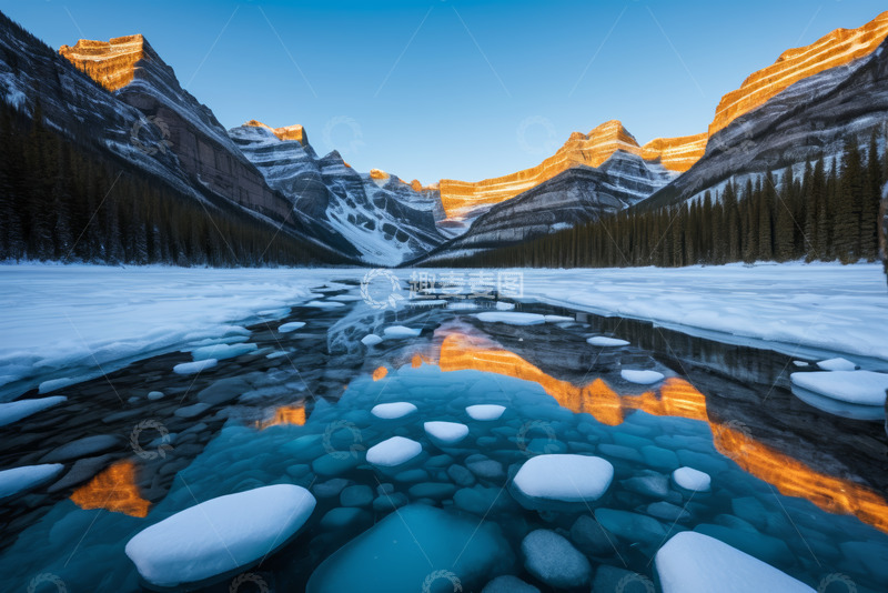 高清大图下载【趣麦麦图】雪山下的冰封河流景观