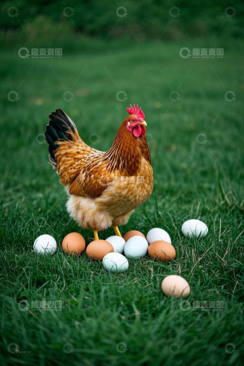 高清大图下载【趣麦麦图】草地上母鸡与鸡蛋