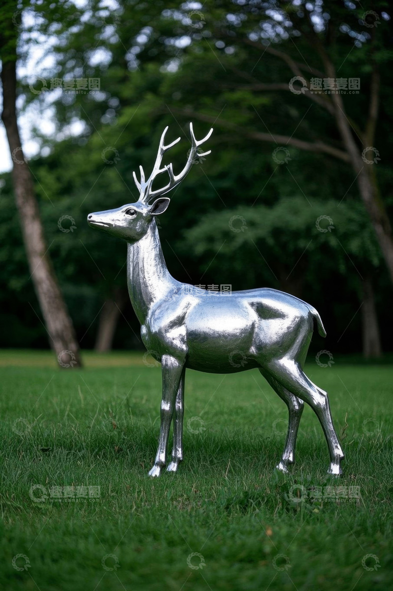 高清大图下载【趣麦麦图】草地银色驯鹿雕塑