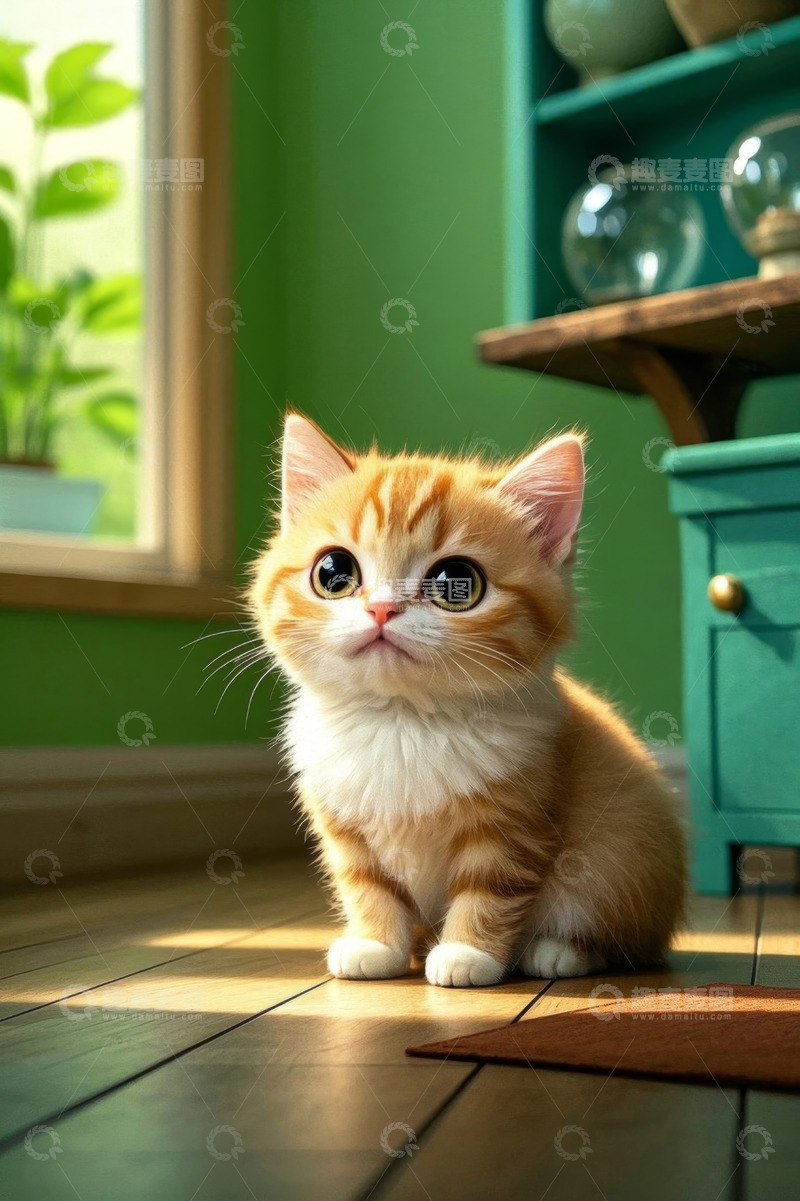 高清大图下载【趣麦麦图】室内可爱小猫咪坐地板场景