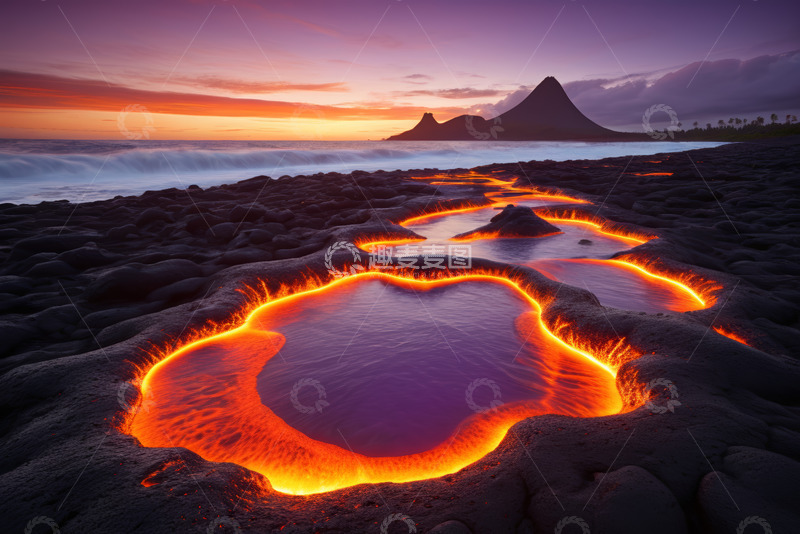 高清大图下载【趣麦麦图】海边火山熔岩流动景象