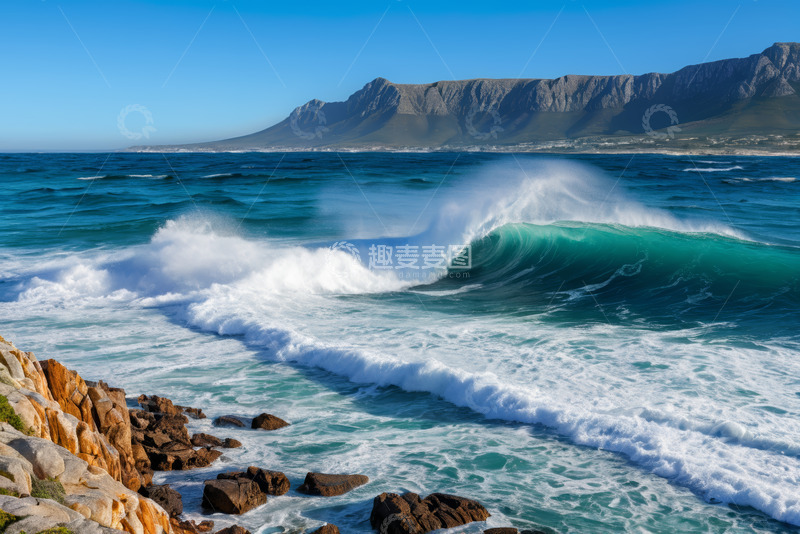 高清大图下载【趣麦麦图】海岸边海浪拍打岩石景象