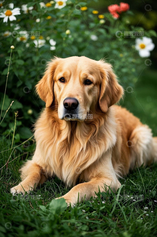 草地上休憩的金毛犬