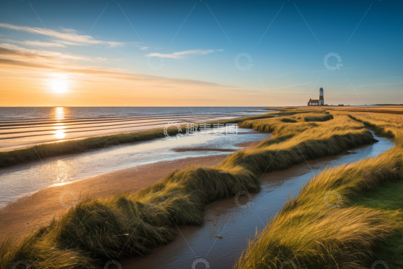 高清大图下载【趣麦麦图】海滩日落时分的灯塔风景