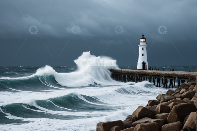 高清大图下载【趣麦麦图】海边灯塔与汹涌海浪景观