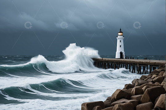 海边灯塔与汹涌海浪景观