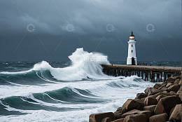 海边灯塔与汹涌海浪景观