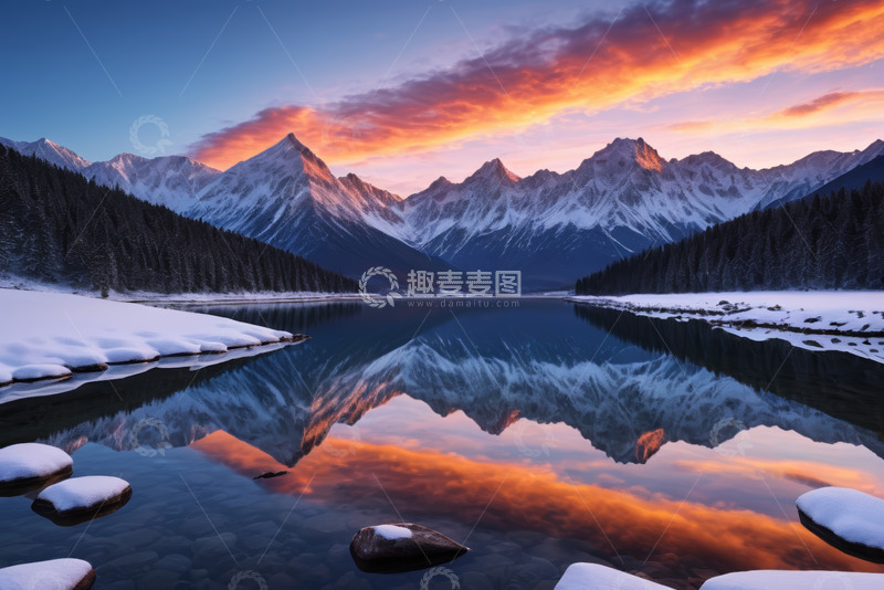 高清大图下载【趣麦麦图】雪山湖泊日出自然风光