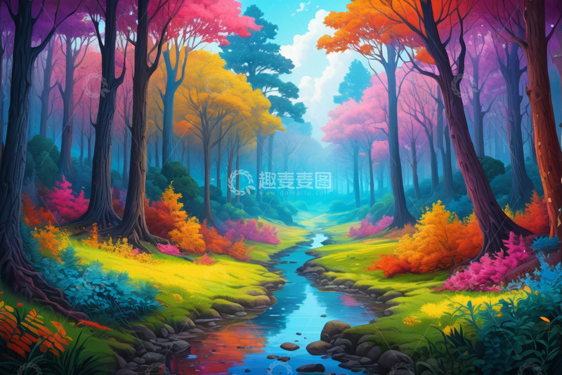 高清大图下载【趣麦麦图】多彩森林中的溪流景观