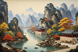中式山水风景古建筑画面