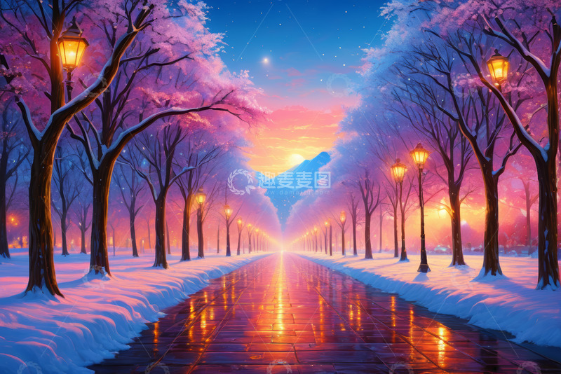 高清大图下载【趣麦麦图】雪后林间道路黄昏美景